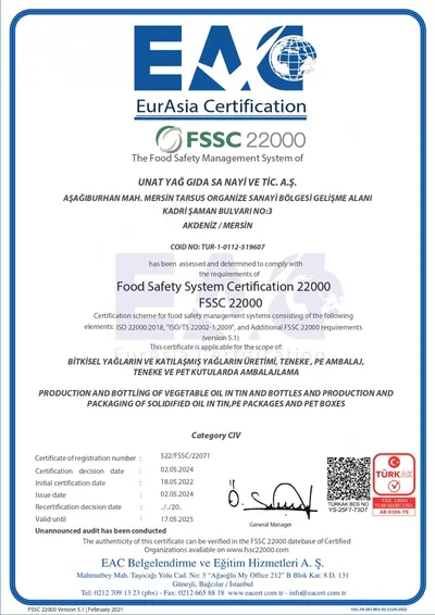 FSSC 22000 belgesinin kullanıcı tarafından gönderilen orijinal nüshasından önizleme