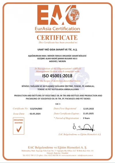 ISO 45001:2018 belgesinin kullanıcı tarafından gönderilen orijinal nüshasından önizleme