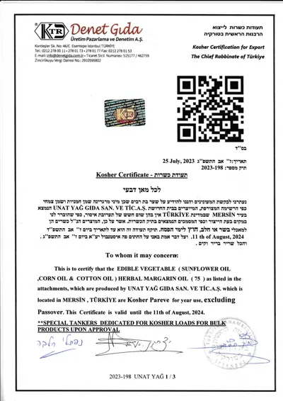 Kosher Sertifikası belgesinin kullanıcı tarafından gönderilen orijinal nüshasından önizleme